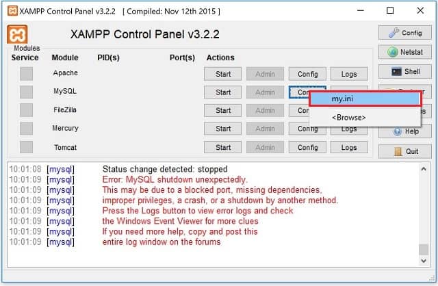 วิธีแก้ไข XAMPP MySQL shutdown unexpectedly ที่ติดตั้งบน Windows 10